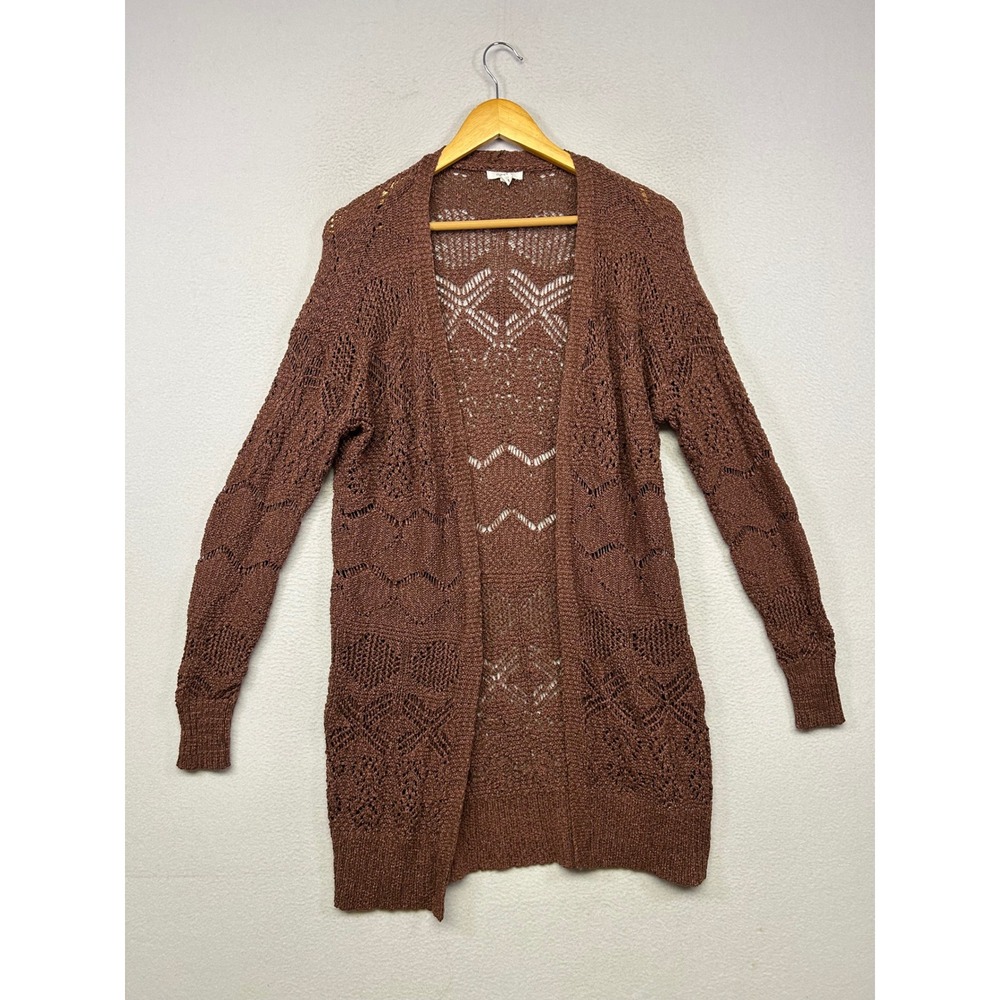 Boho Maurices Womens Medium Brown Open Front Pointelle Knit Cardigan Sweater